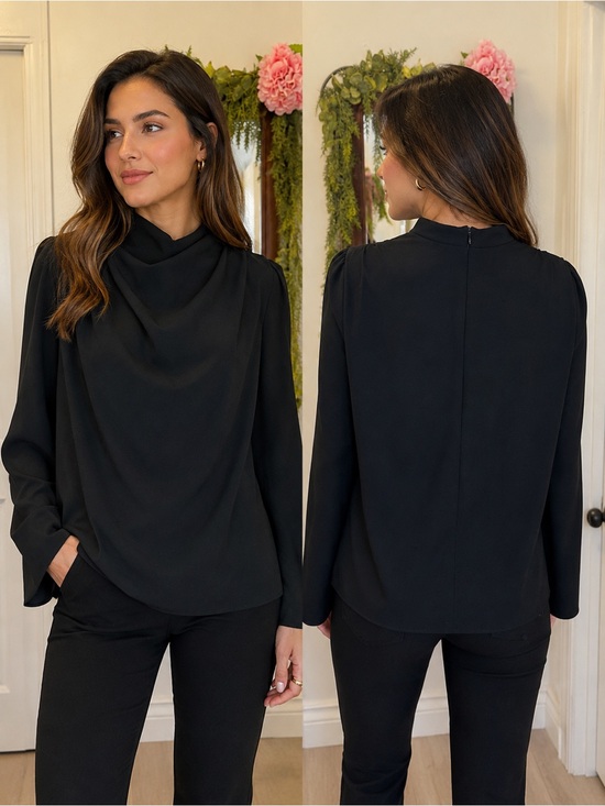 Zara Tops - Zara Black Draped Cowl-Neck Blouse